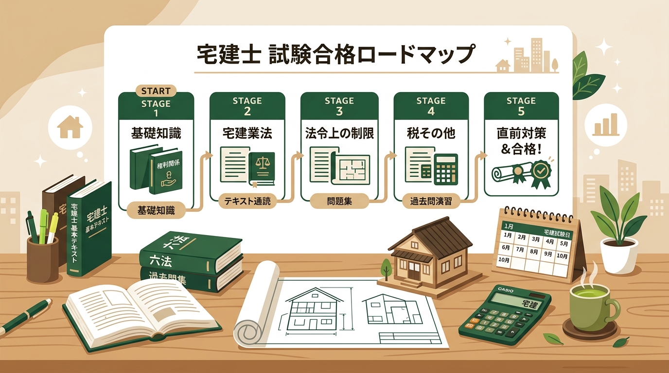 宅建士試験の合格ロードマップと4科目学習順序のイメージ